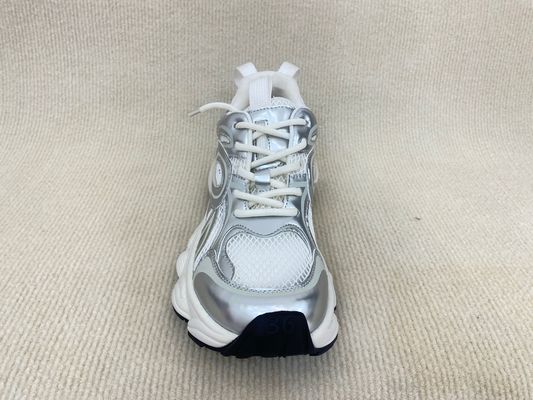 Women silver leather sneakers with script and breathable mesh upper lacing