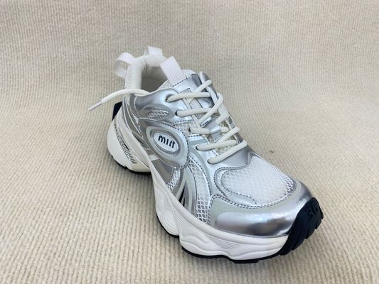 Women silver leather sneakers with script and breathable mesh upper lacing