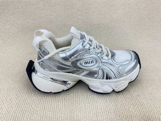 Women silver leather sneakers with script and breathable mesh upper lacing