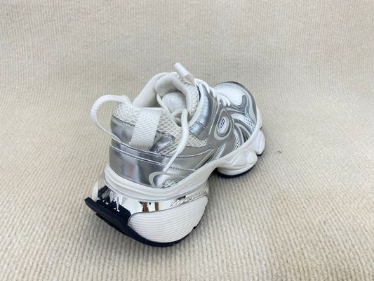 Women silver leather sneakers with script and breathable mesh upper lacing