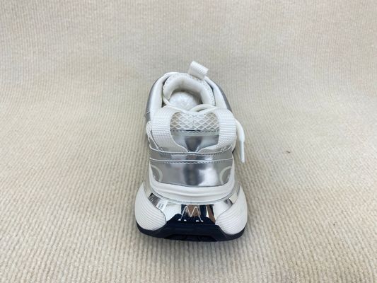 Women silver leather sneakers with script and breathable mesh upper lacing