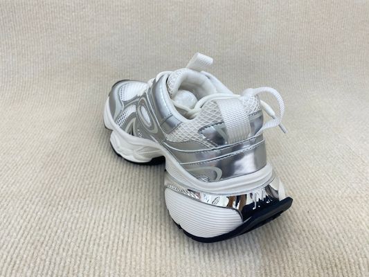 Women silver leather sneakers with script and breathable mesh upper lacing