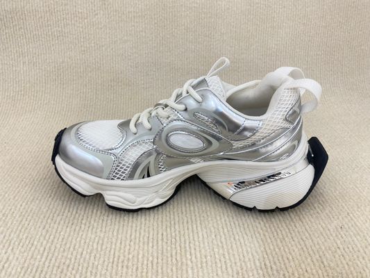 Women silver leather sneakers with script and breathable mesh upper lacing