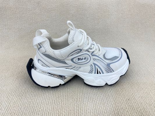 Women white leather sneakers with script and breathable mesh upper lacing PU