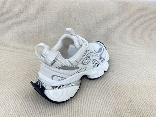 Women white leather sneakers with script and breathable mesh upper lacing PU