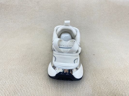 Women white leather sneakers with script and breathable mesh upper lacing PU