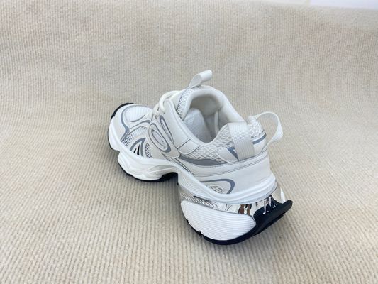 Women white leather sneakers with script and breathable mesh upper lacing PU