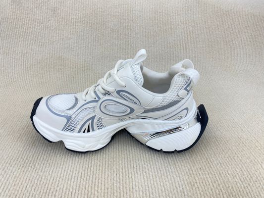 Women white leather sneakers with script and breathable mesh upper lacing PU