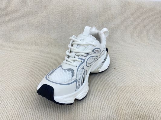 Women white leather sneakers with script and breathable mesh upper lacing PU