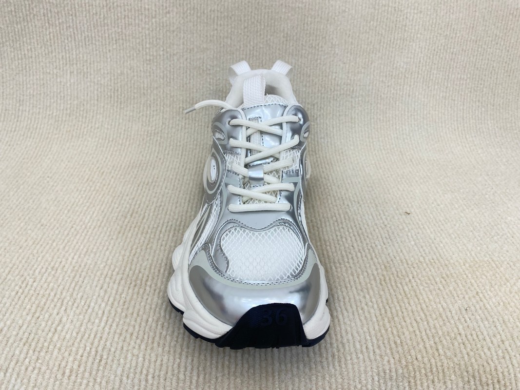 Women silver leather sneakers with script and breathable mesh upper lacing